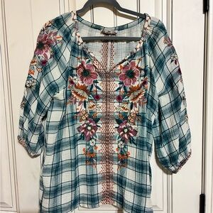 Johnny Was Plaid Embroidered Blouse